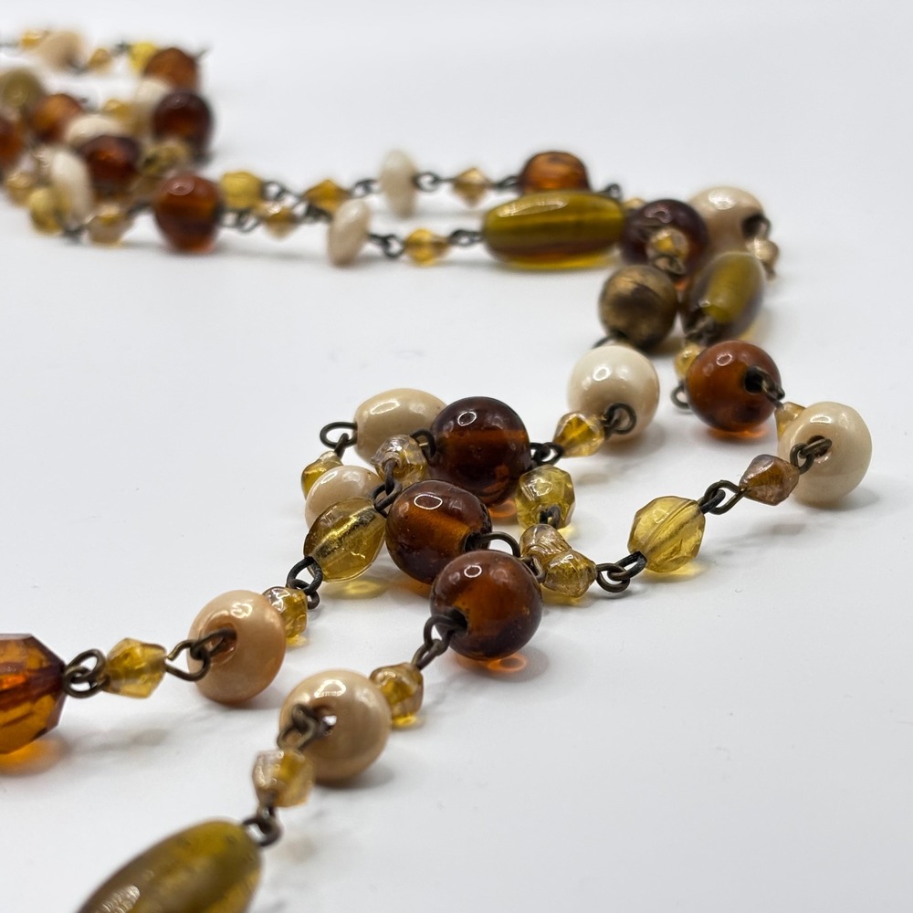 Vtg Boho Earthy Beaded Long Necklace Station 60" Baroque Amber Green Cream Glass - Picture 7 of 8